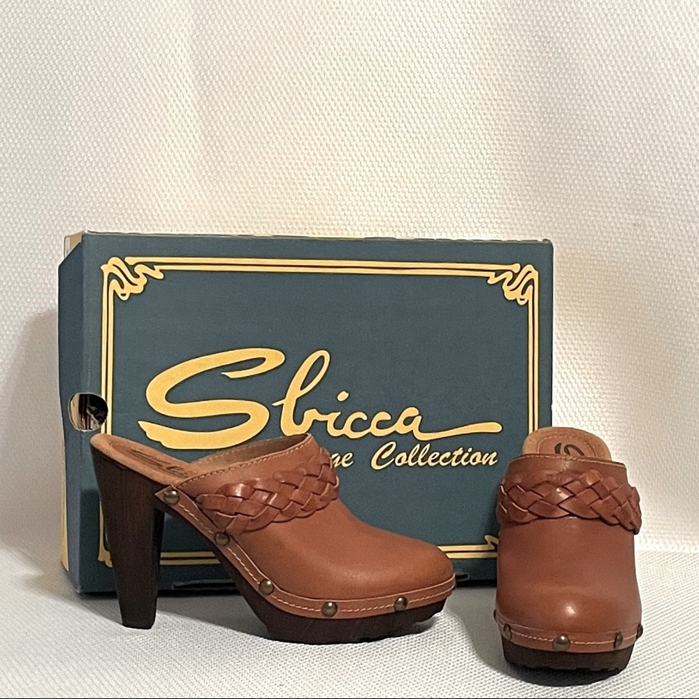 NIB Sbicca Vintage Collection 70’s Inspired Thalia Tan Leather Mules Size 9